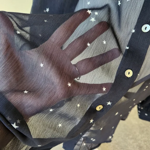 Lovestitch Star Print Black White Long Sleeve Sheer Blouse Top Button Medium - Picture 9 of 15